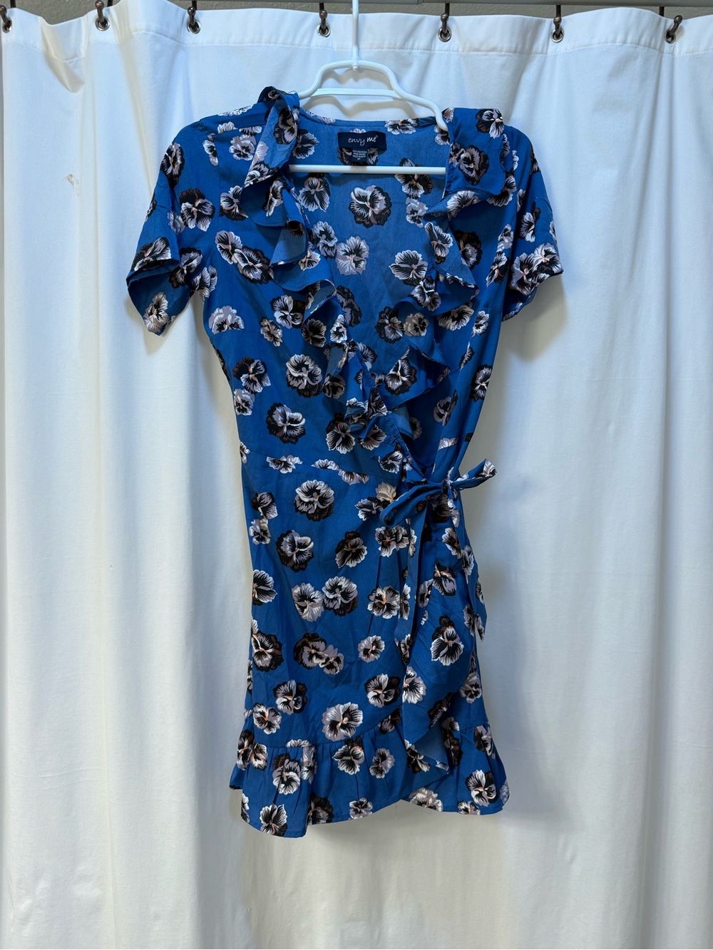 envy Blue Floral Wrap Dress with Ruffle Trim